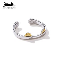 SILVERCUTE萌银 原创设计猫咪戒指925银女日系镀18K金耳朵chic开口可调节食指
