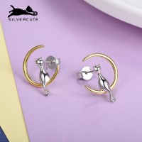 SILVERCUTE萌银 猫咪背影忘月耳钉s925银傲娇少女耳环镀18k金耳饰