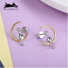 SILVERCUTE萌银 猫咪背影忘月耳钉s925银傲娇少女耳环镀18k金耳饰