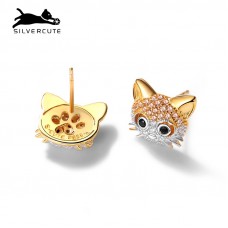 萌银 原创设计猫耳钉女s925925银镀18K金包银可爱镶钻小橘黄猫耳环